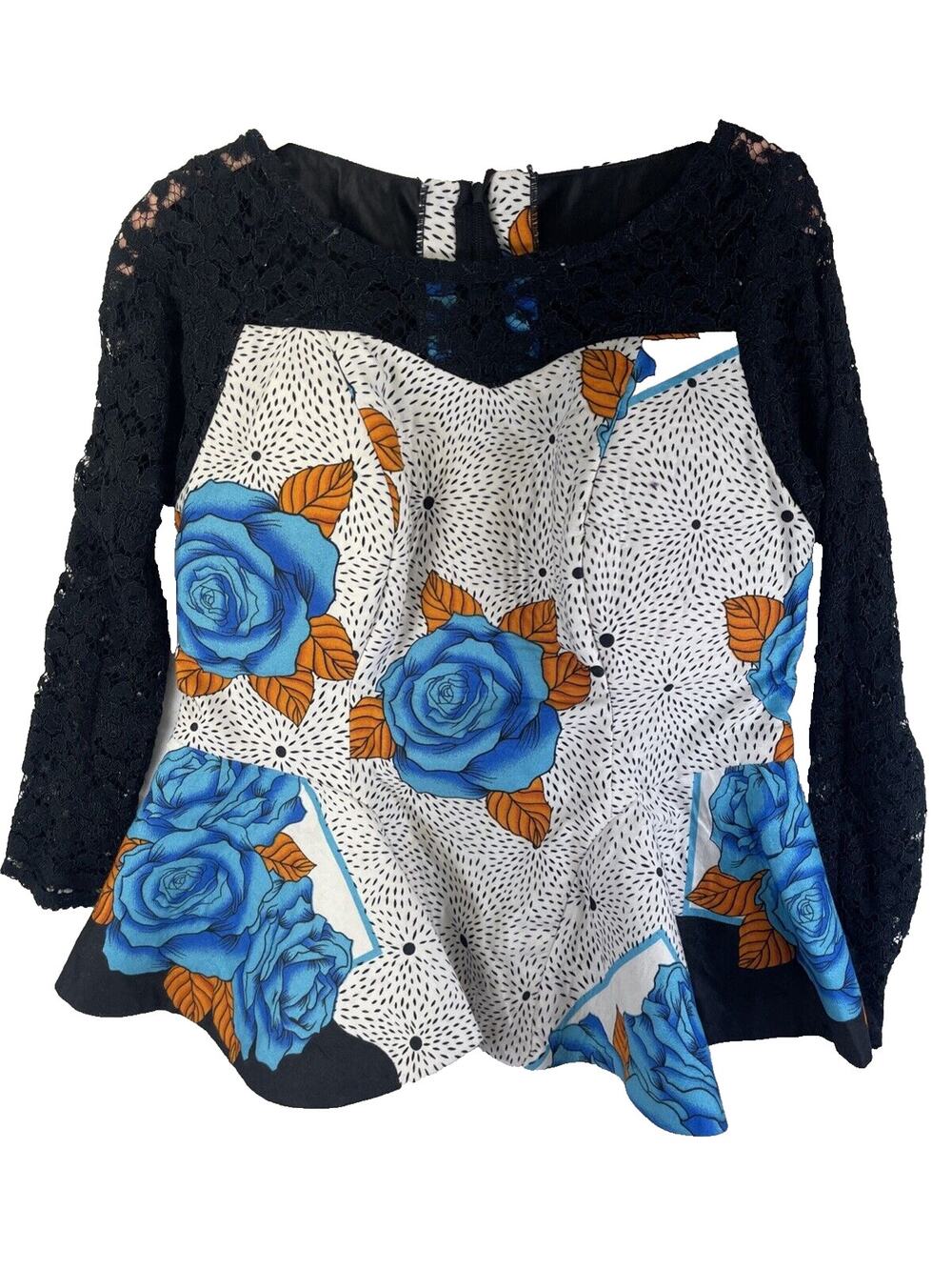 VTG Handmade Peplum Top With Lace Sleeves Blue Rose Print Womens Sz M Goth Retro